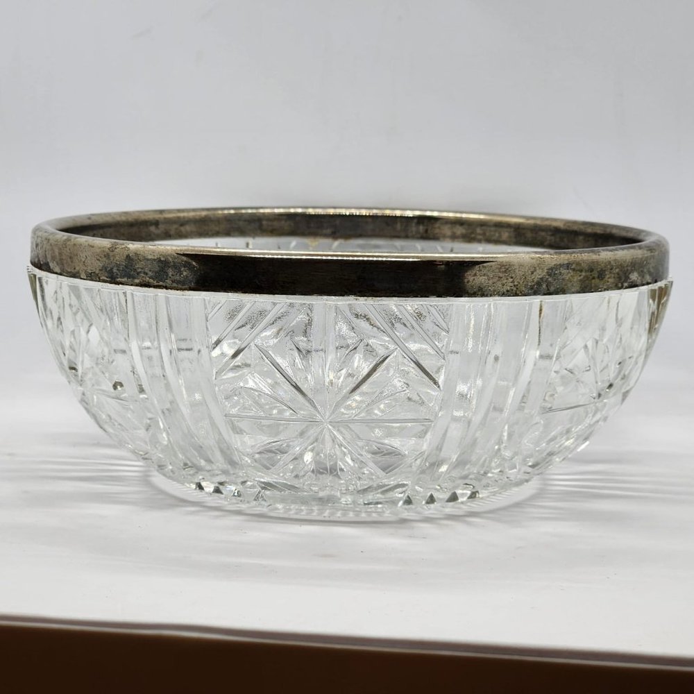 Vintage Crystal Clear Cut Glass Bowl With Silver Rim 9 inches wide 3.5" tall.